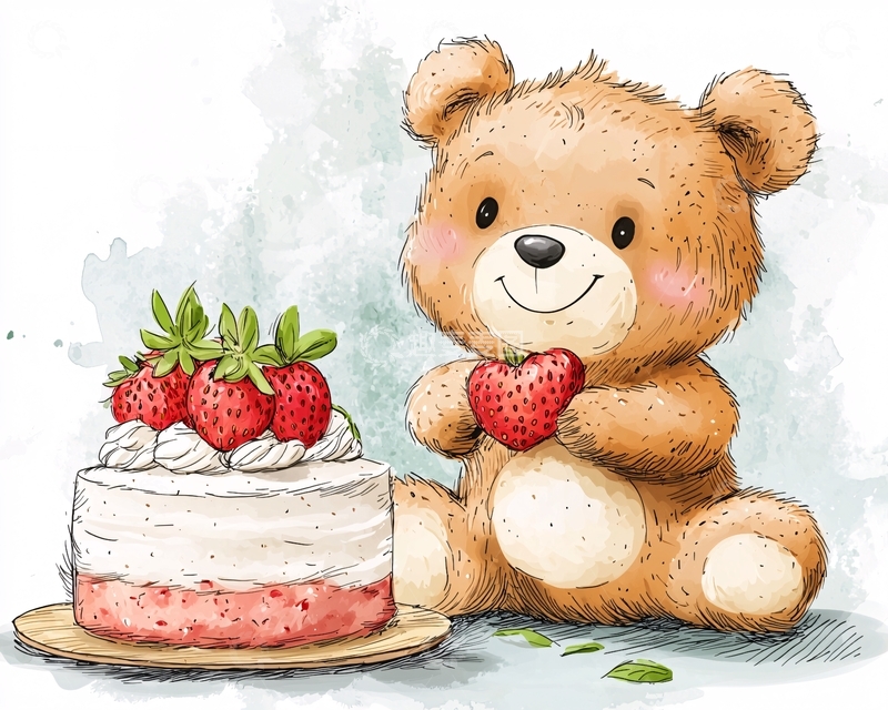 高清大图下载【趣麦麦图】卡通熊和草莓蛋糕