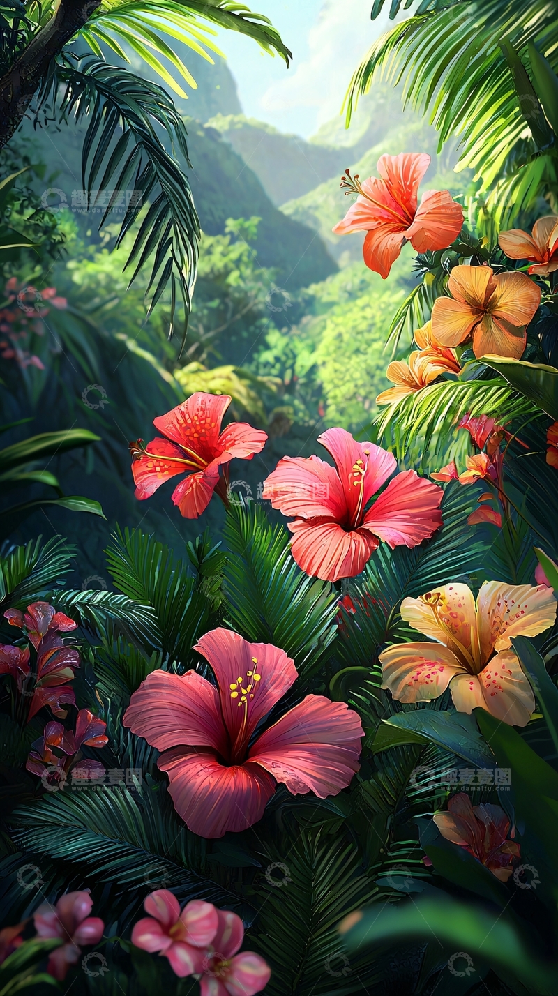 高清大图下载【趣麦麦图】热带雨林鲜花背景图