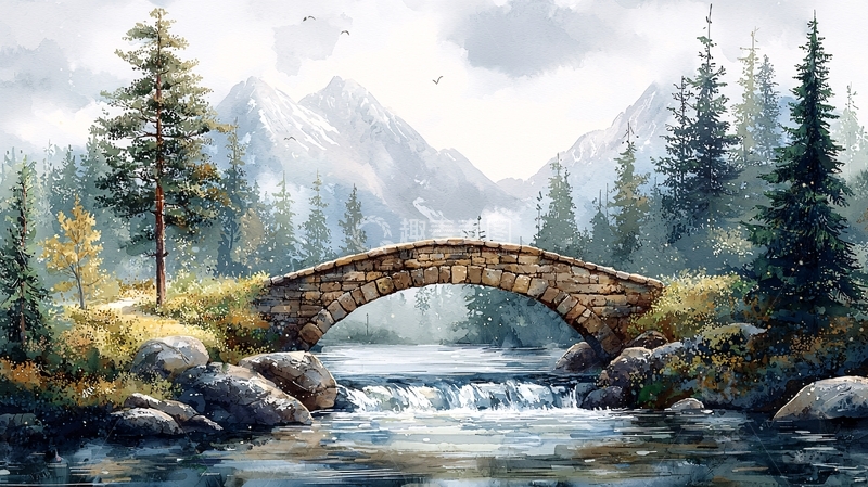 高清大图下载【趣麦麦图】山间小桥流水风景画