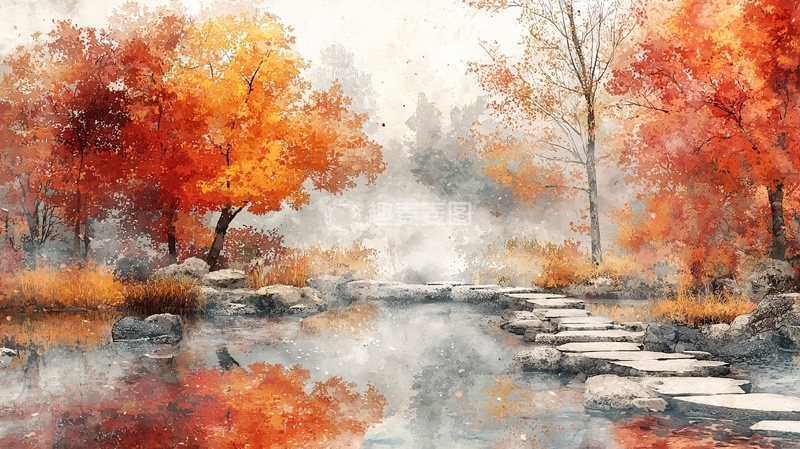高清大图下载【趣麦麦图】秋日红叶溪流