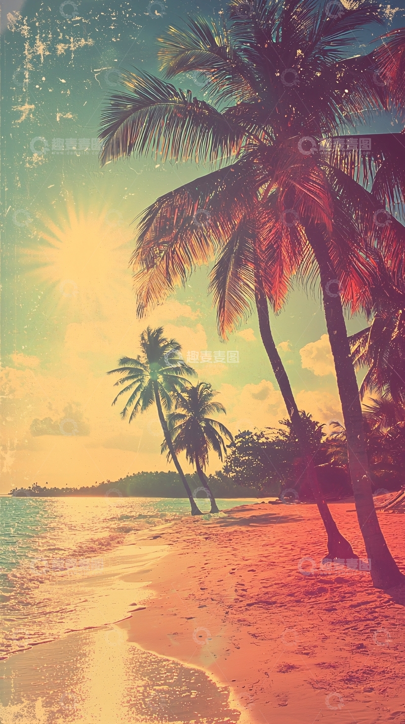高清大图下载【趣麦麦图】热带海滩日落棕榈树