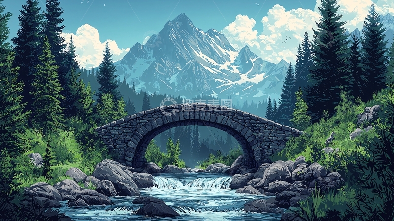 高清大图下载【趣麦麦图】山间石桥流水风景画