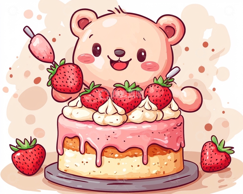 高清大图下载【趣麦麦图】小熊与草莓蛋糕