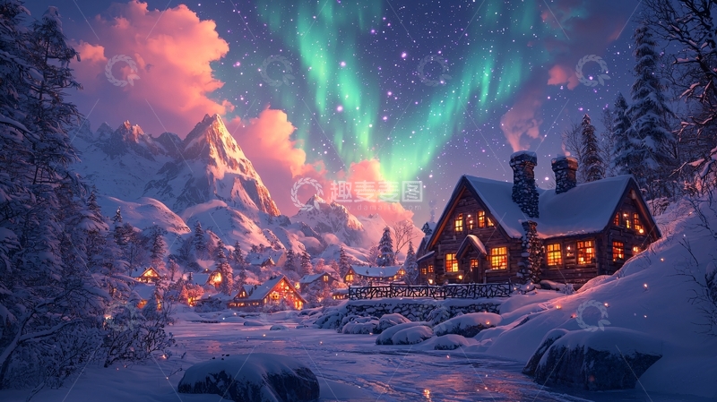 高清大图下载【趣麦麦图】极光雪景下的温馨村庄