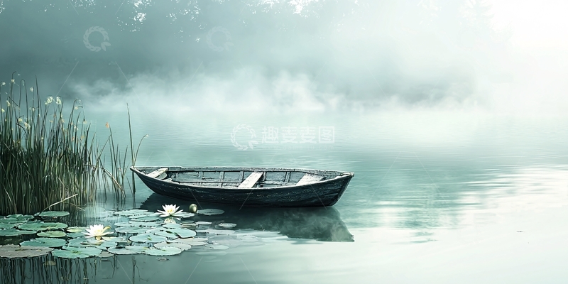 高清大图下载【趣麦麦图】雾气朦胧的湖边小船