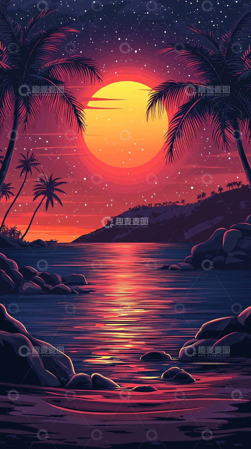 高清大图下载【趣麦麦图】日落海滩棕榈树风景