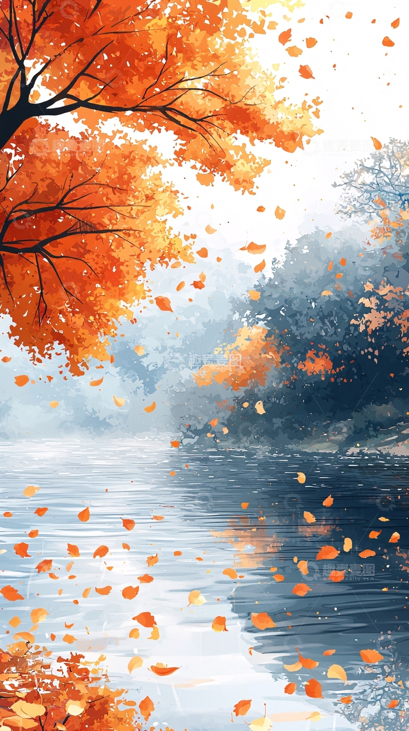 高清大图下载【趣麦麦图】秋叶飘落水面静谧景色