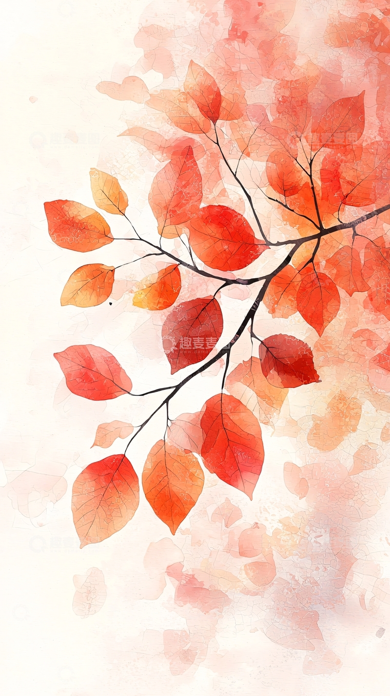 高清大图下载【趣麦麦图】水彩红叶枝条