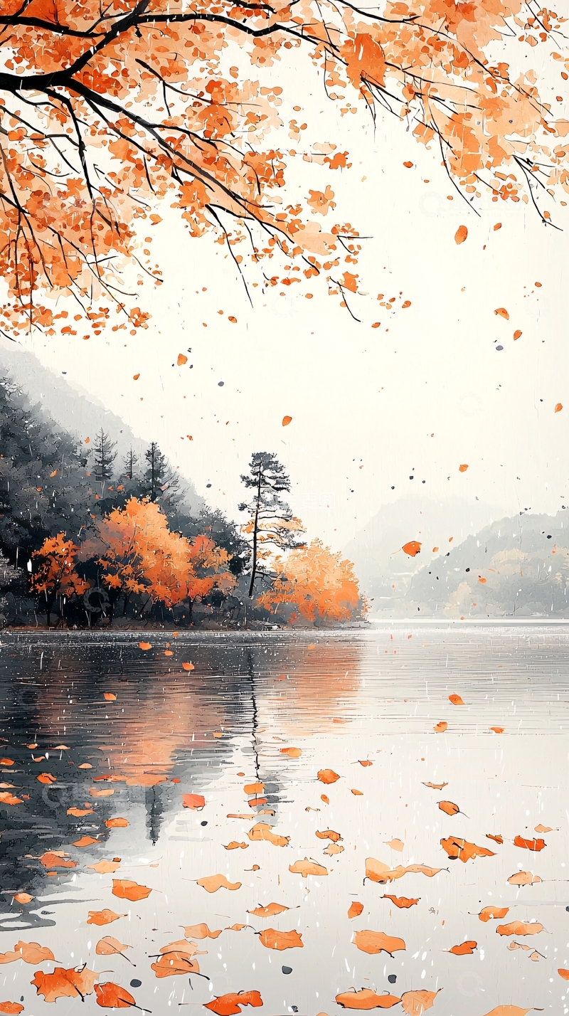 高清大图下载【趣麦麦图】秋叶飘落湖面静谧景色