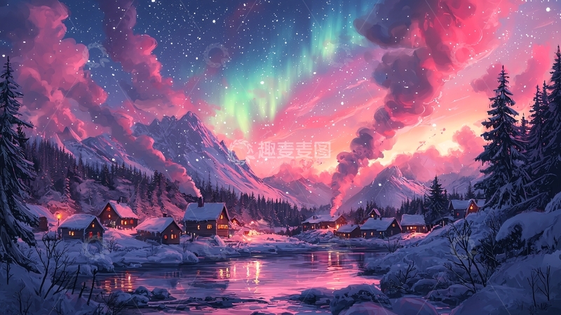 高清大图下载【趣麦麦图】极光雪山梦幻村庄