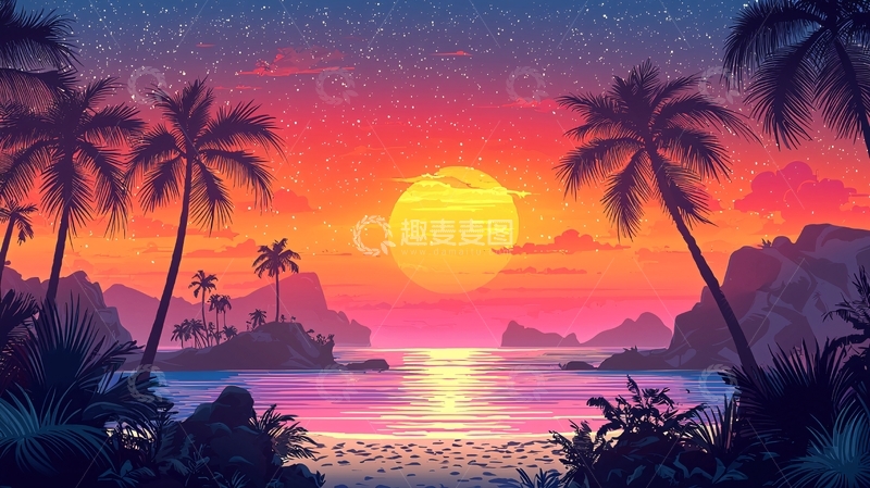 高清大图下载【趣麦麦图】热带海滩日落剪影