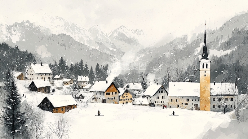 高清大图下载【趣麦麦图】雪山小镇