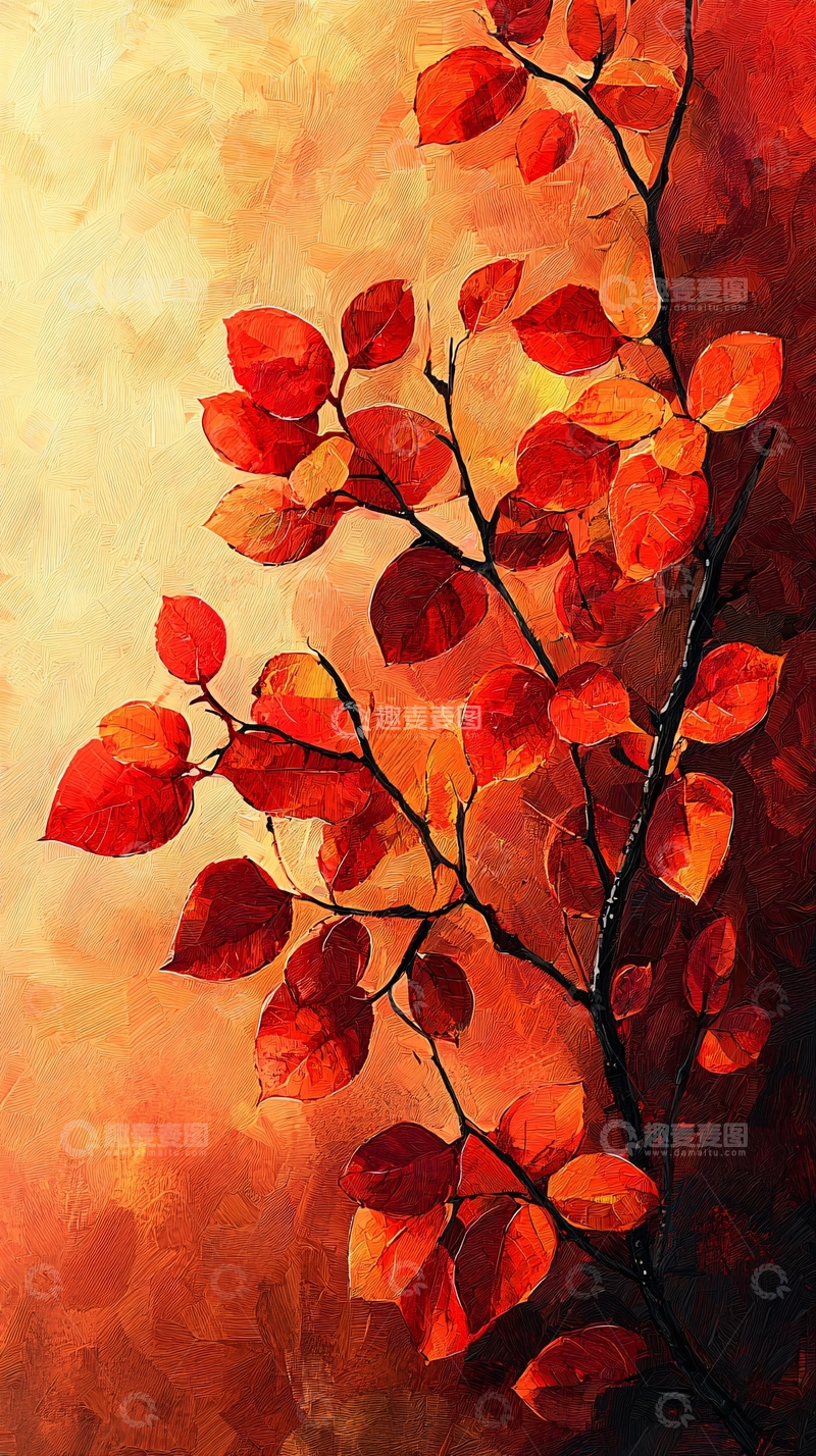 高清大图下载【趣麦麦图】红叶枝条油画