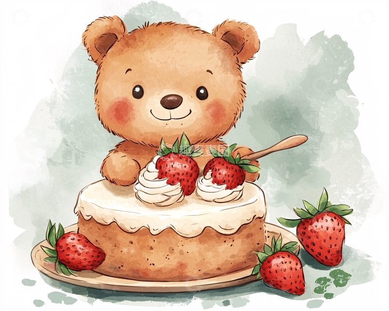 高清大图下载【趣麦麦图】可爱小熊吃草莓蛋糕