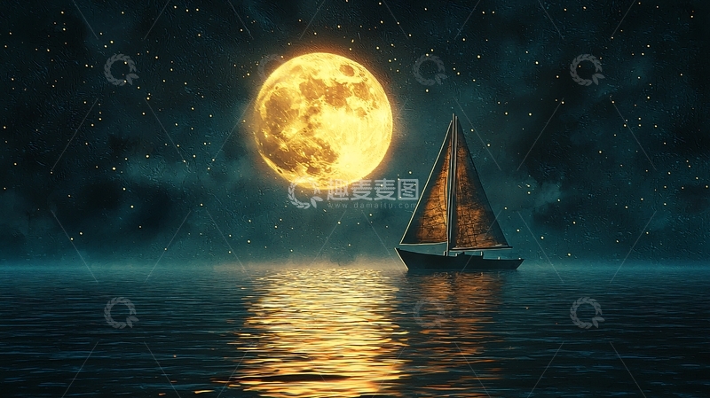 高清大图下载【趣麦麦图】月光下的帆船