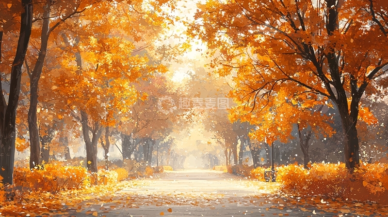 高清大图下载【趣麦麦图】秋日金黄落叶小路