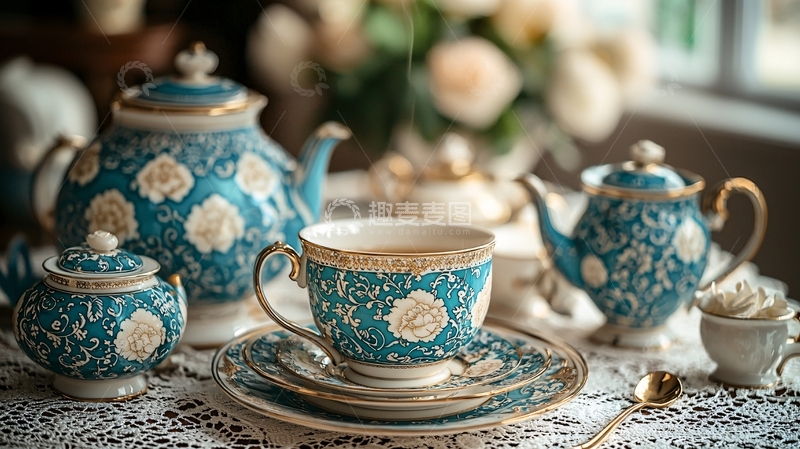 高清大图下载【趣麦麦图】复古青花瓷茶具