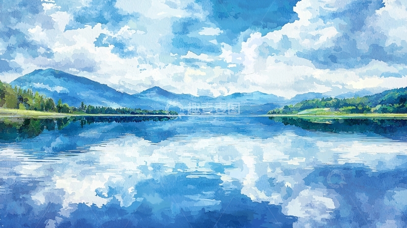 高清大图下载【趣麦麦图】-蓝天白云下的宁静湖泊