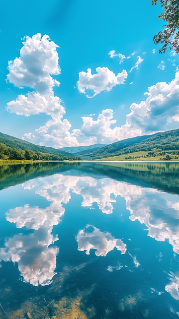平静湖面山峦倒影