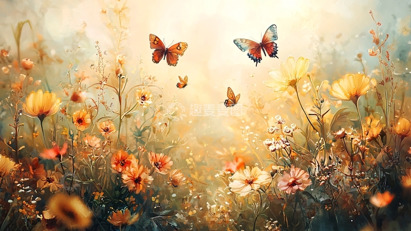 高清大图下载【趣麦麦图】阳光下的花海蝴蝶