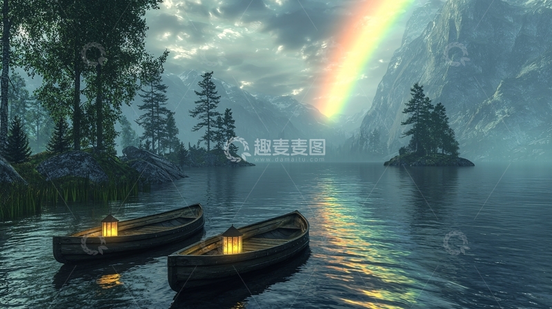 高清大图下载【趣麦麦图】湖边两艘小船彩虹