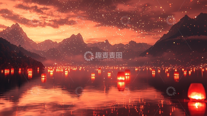 高清大图下载【趣麦麦图】红霞满天山间湖泊灯笼