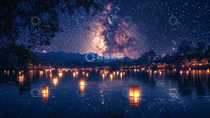 高清大图下载【趣麦麦图】星空下的湖面灯火