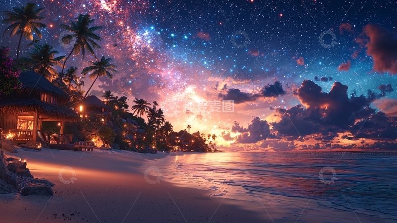 高清大图下载【趣麦麦图】星空下的海滩小屋