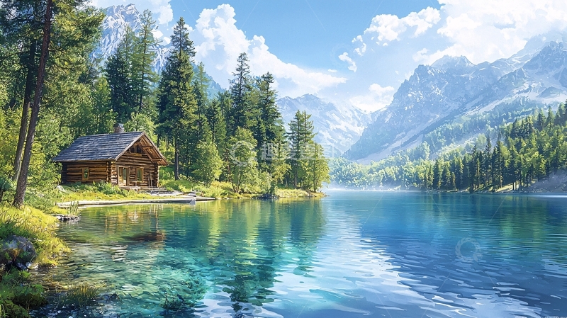 高清大图下载【趣麦麦图】山林小屋湖边风景