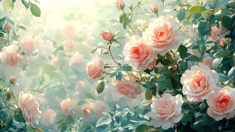 高清大图下载【趣麦麦图】阳光下盛开的粉色玫瑰花丛