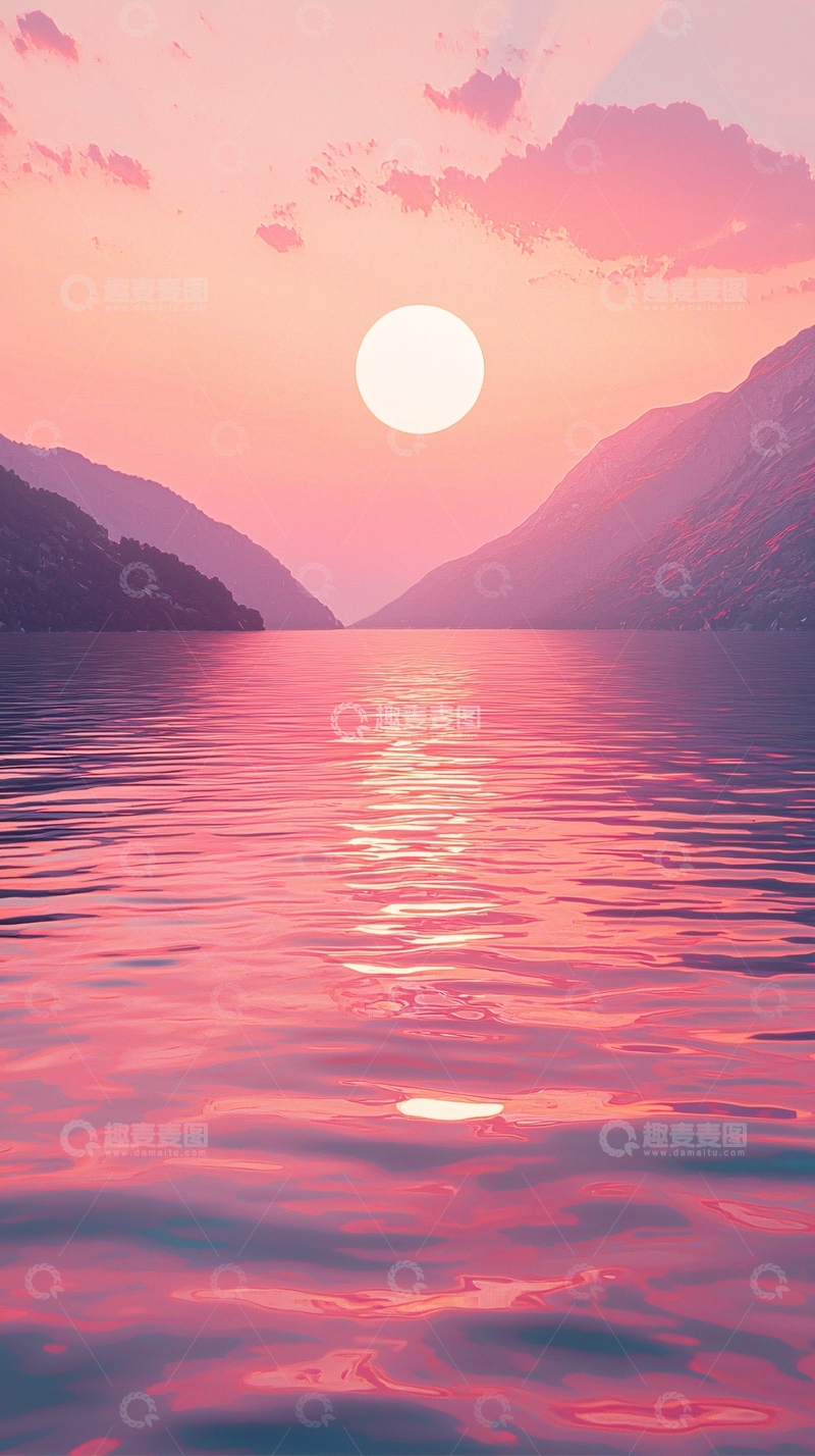 高清大图下载【趣麦麦图】粉色日落湖面