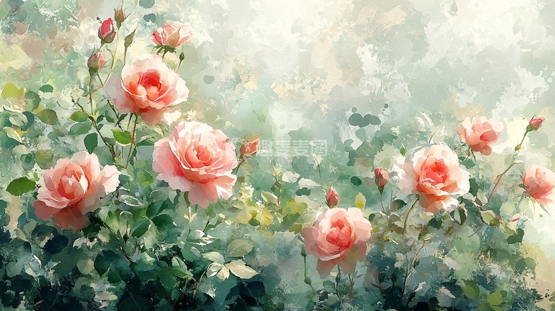 高清大图下载【趣麦麦图】粉红色玫瑰花丛油画