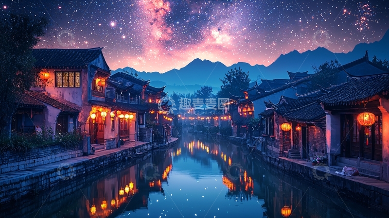 高清大图下载【趣麦麦图】星空下的古镇夜景
