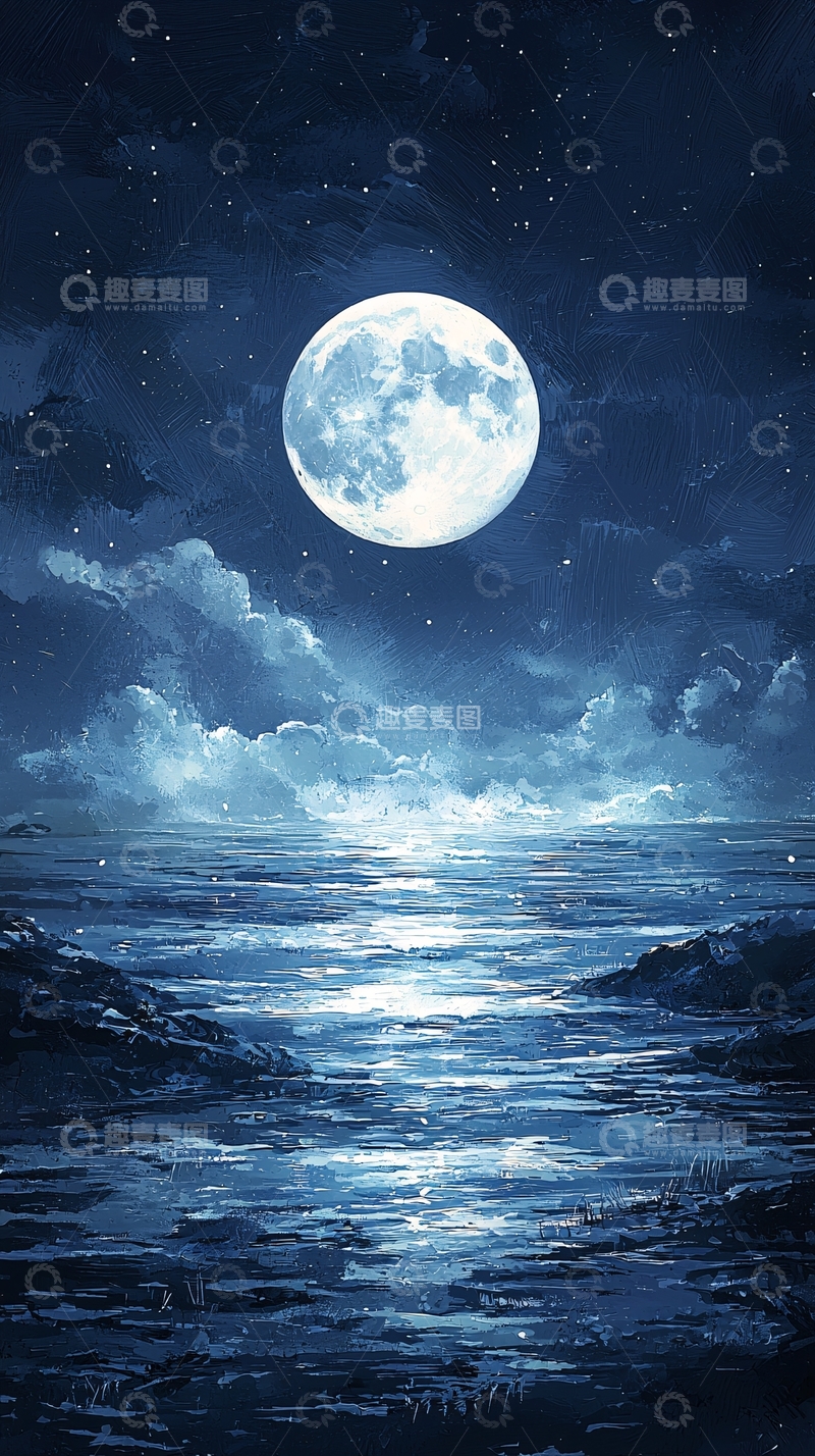 高清大图下载【趣麦麦图】皎洁明月海边夜色