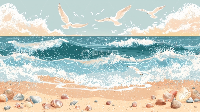 高清大图下载【趣麦麦图】海边水彩画