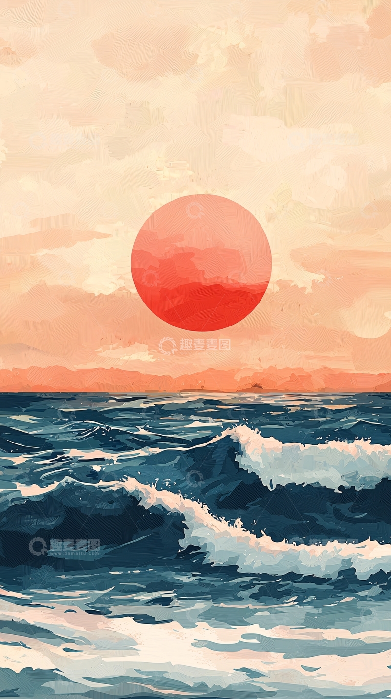 高清大图下载【趣麦麦图】日落大海简约风格插画