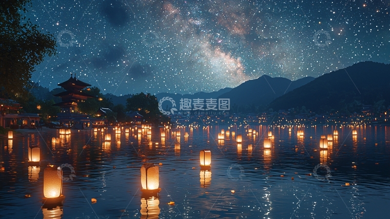 高清大图下载【趣麦麦图】水面漂浮灯笼的星空夜景