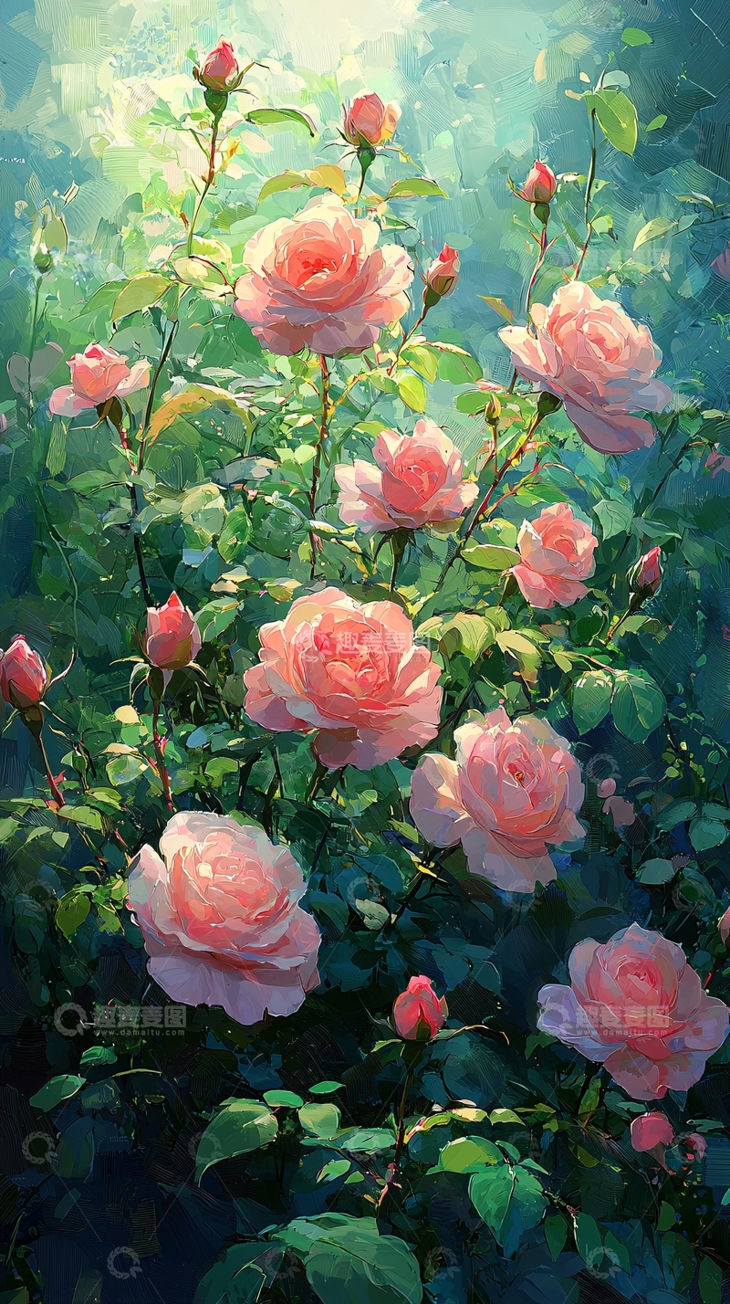 高清大图下载【趣麦麦图】阳光下的粉玫瑰花丛