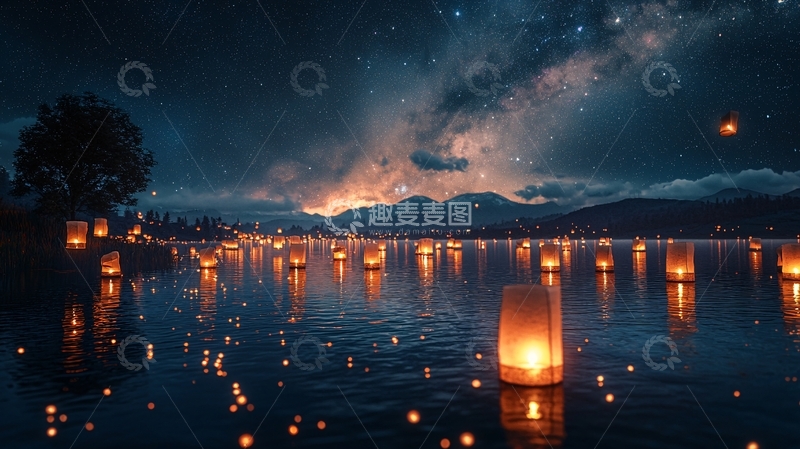 高清大图下载【趣麦麦图】星空湖面灯笼