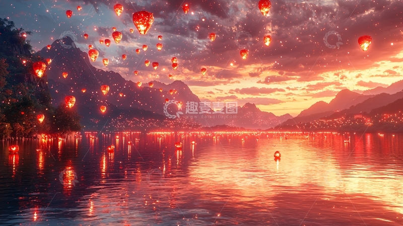 高清大图下载【趣麦麦图】落日余晖下的山湖灯笼