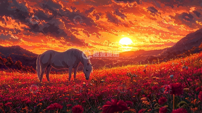 高清大图下载【趣麦麦图】夕阳下草原上的白马