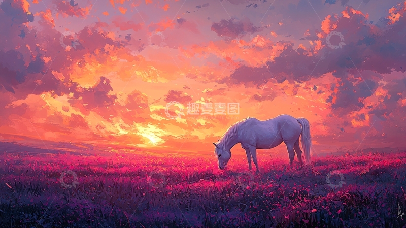 高清大图下载【趣麦麦图】日落草原上的白色骏马