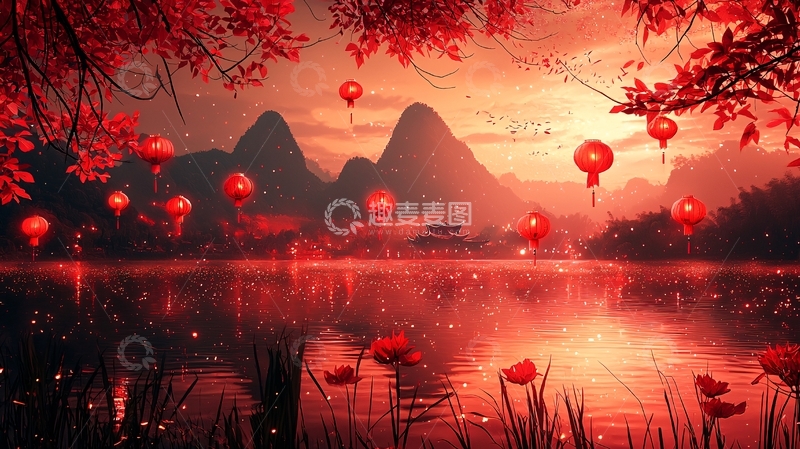 高清大图下载【趣麦麦图】红枫夕阳山水画