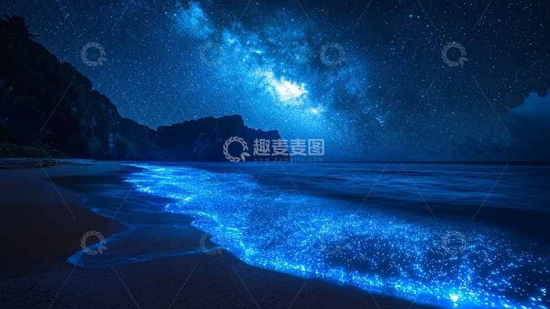 高清大图下载【趣麦麦图】夜空下的蓝色荧光海滩