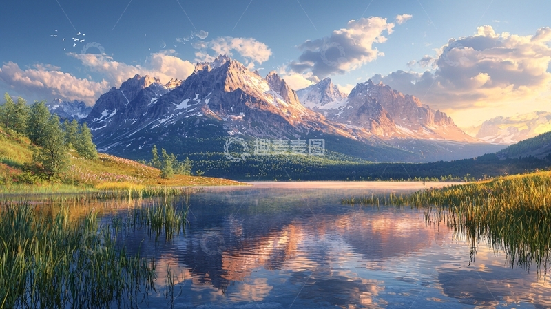 高清大图下载【趣麦麦图】雪山湖泊日出景色