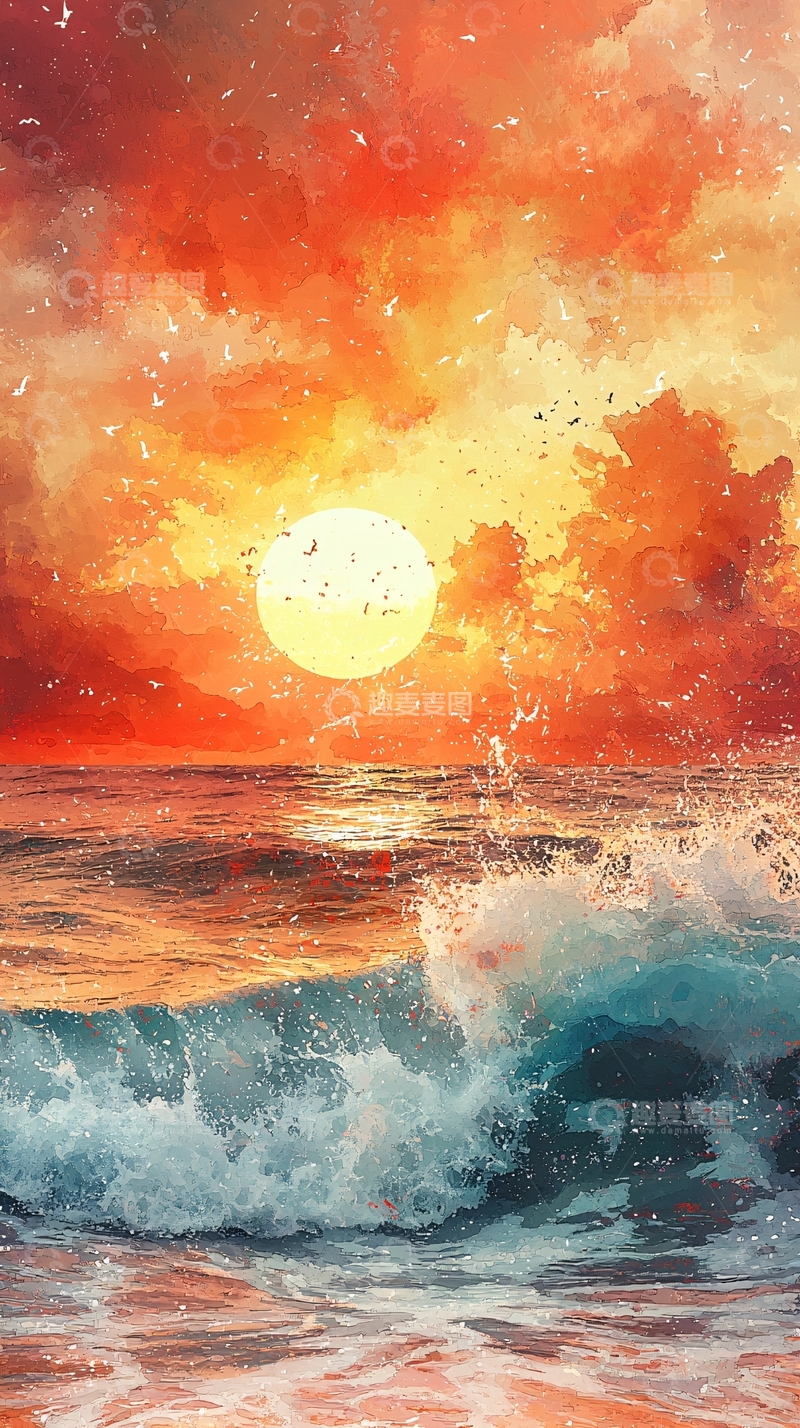 高清大图下载【趣麦麦图】橘红色夕阳海浪水彩画