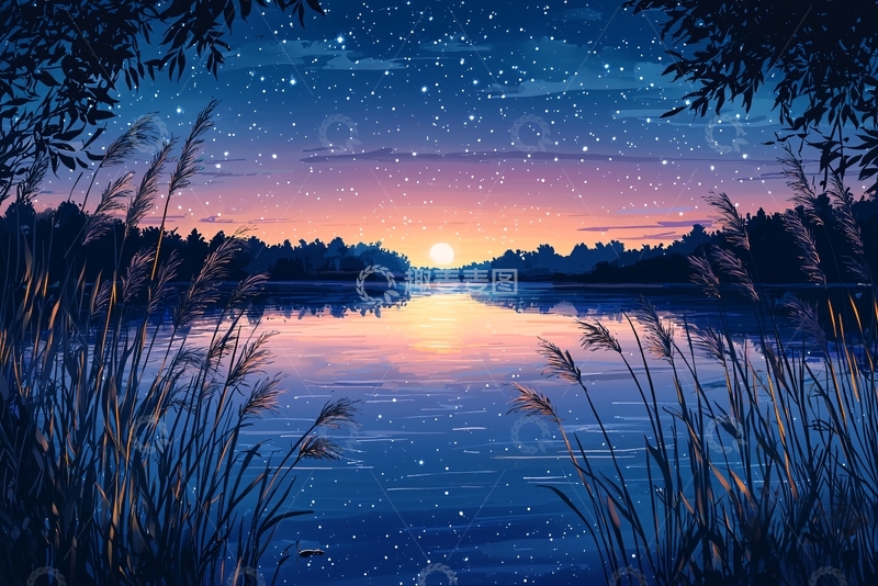 高清大图下载【趣麦麦图】星空日落湖景