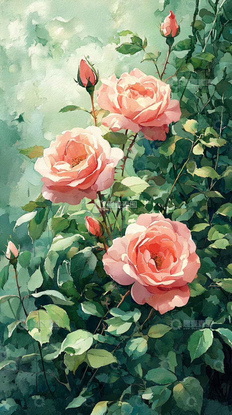 高清大图下载【趣麦麦图】粉嫩玫瑰花丛绘画