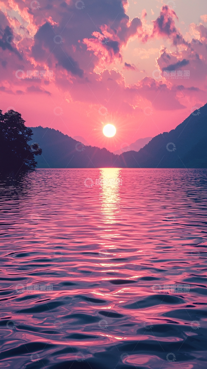 高清大图下载【趣麦麦图】粉色日落湖景