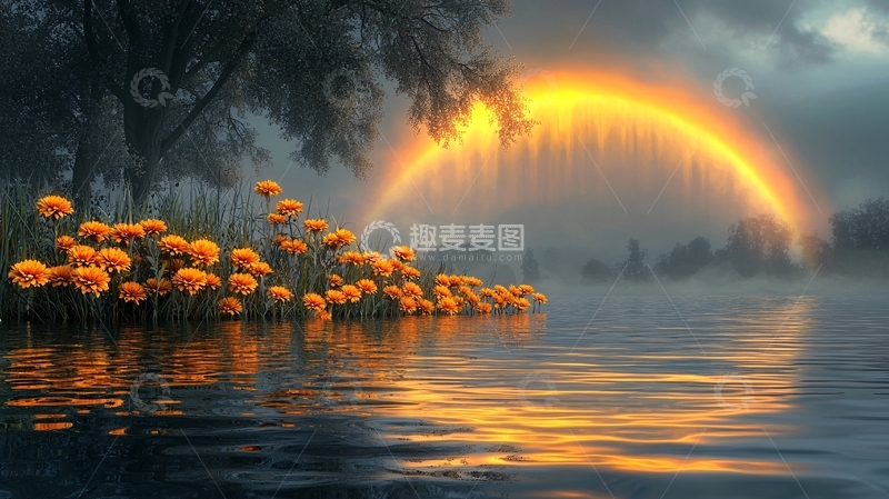 高清大图下载【趣麦麦图】雾气朦胧的彩虹湖景